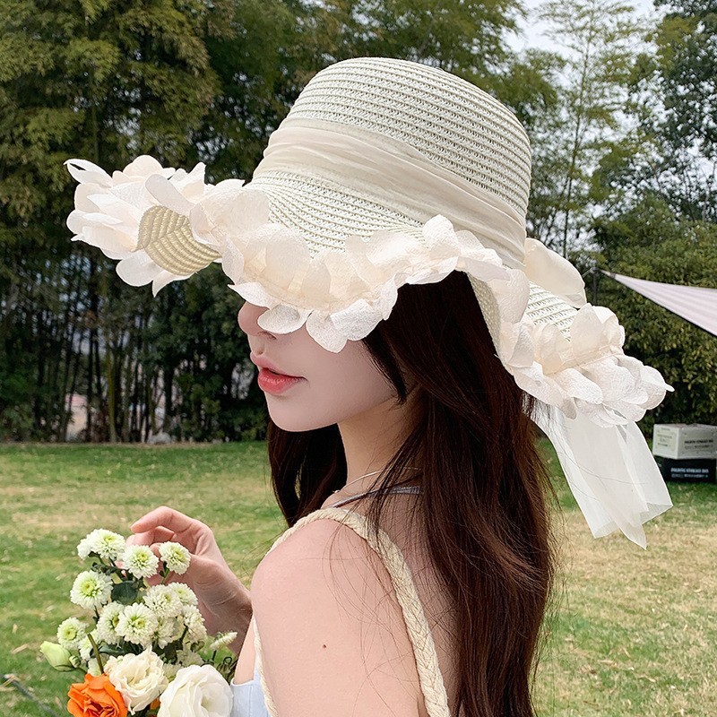021 롱 레이스 리본 밀크 화이트 (챙 10cm)