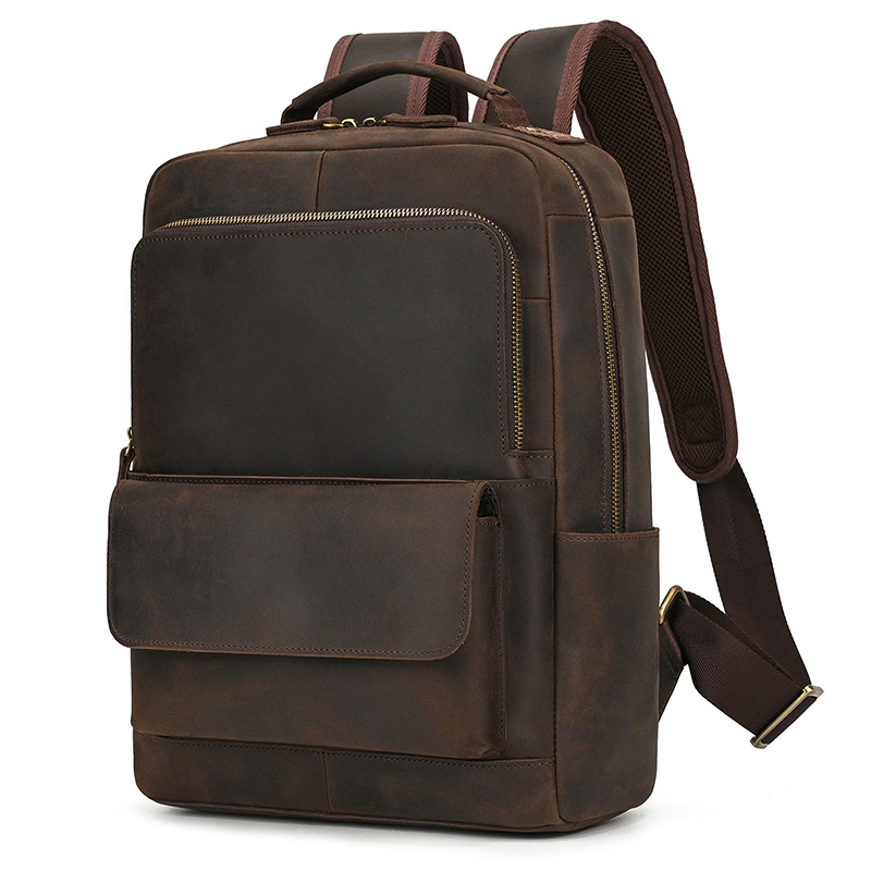 Vintage Genuine Leather Backpack 14 Inch Men's Crazy Horse Leather Backpack Student Genuine Leather Backpack Dark Brown Computer Bag