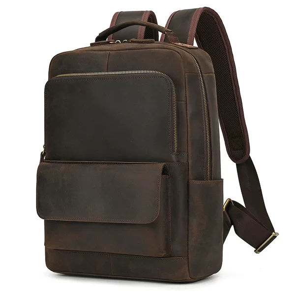 Vintage Genuine Leather Backpack 14 Inch Men's Crazy Horse Leather Backpack Student Genuine Leather Backpack Dark Brown Computer Bag