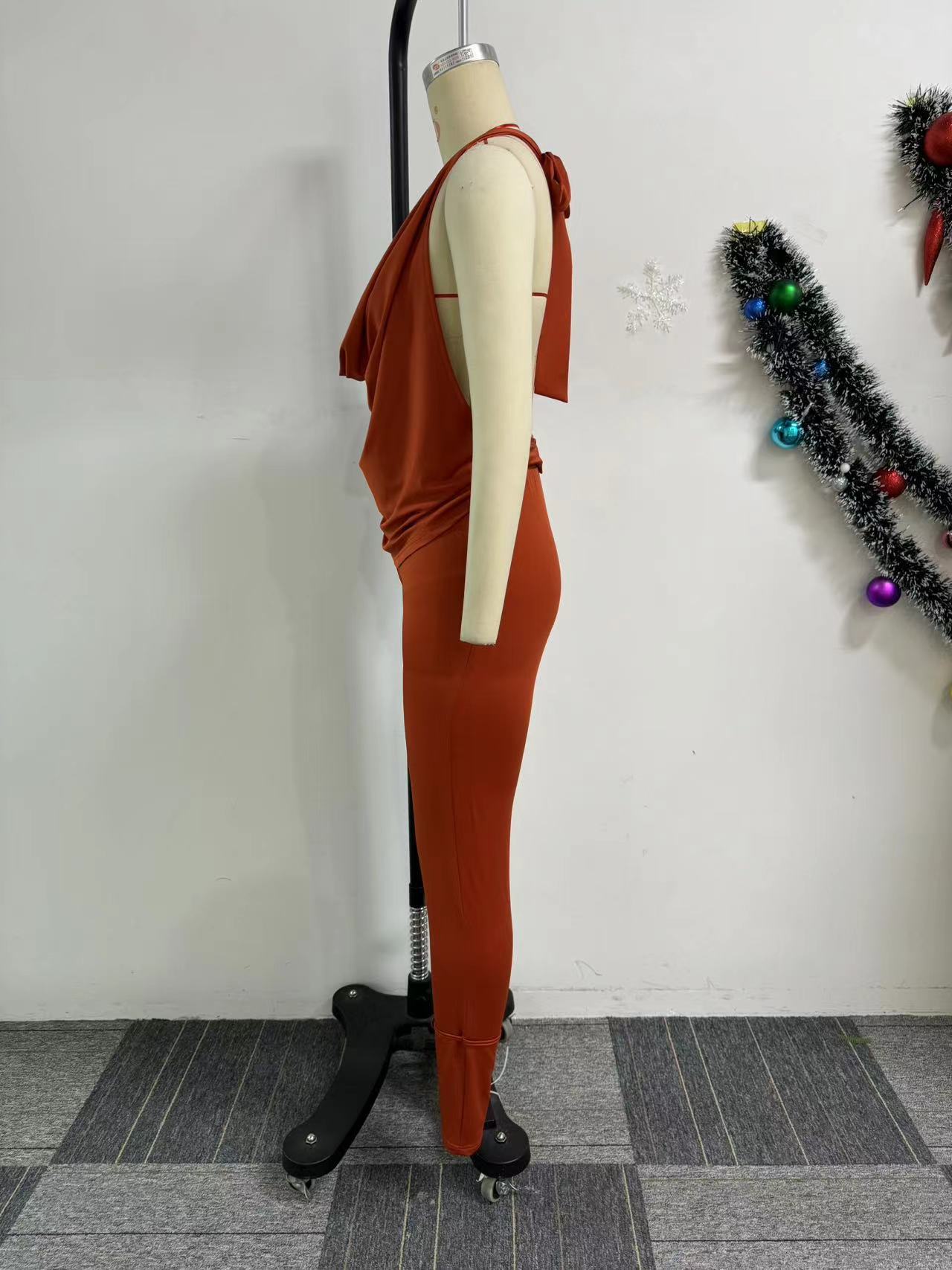 Solid Color Stretch Halter Backless Top Trousers Two Piece Set