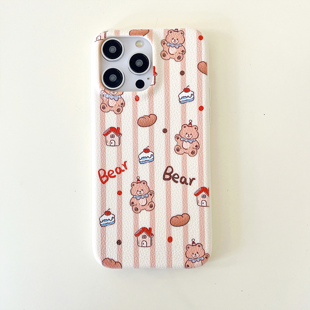 Cute Bear Soft Case for iphone16 Leather Print Phone Case Apple 15 Protective Case 14/13 All-inclusive Case