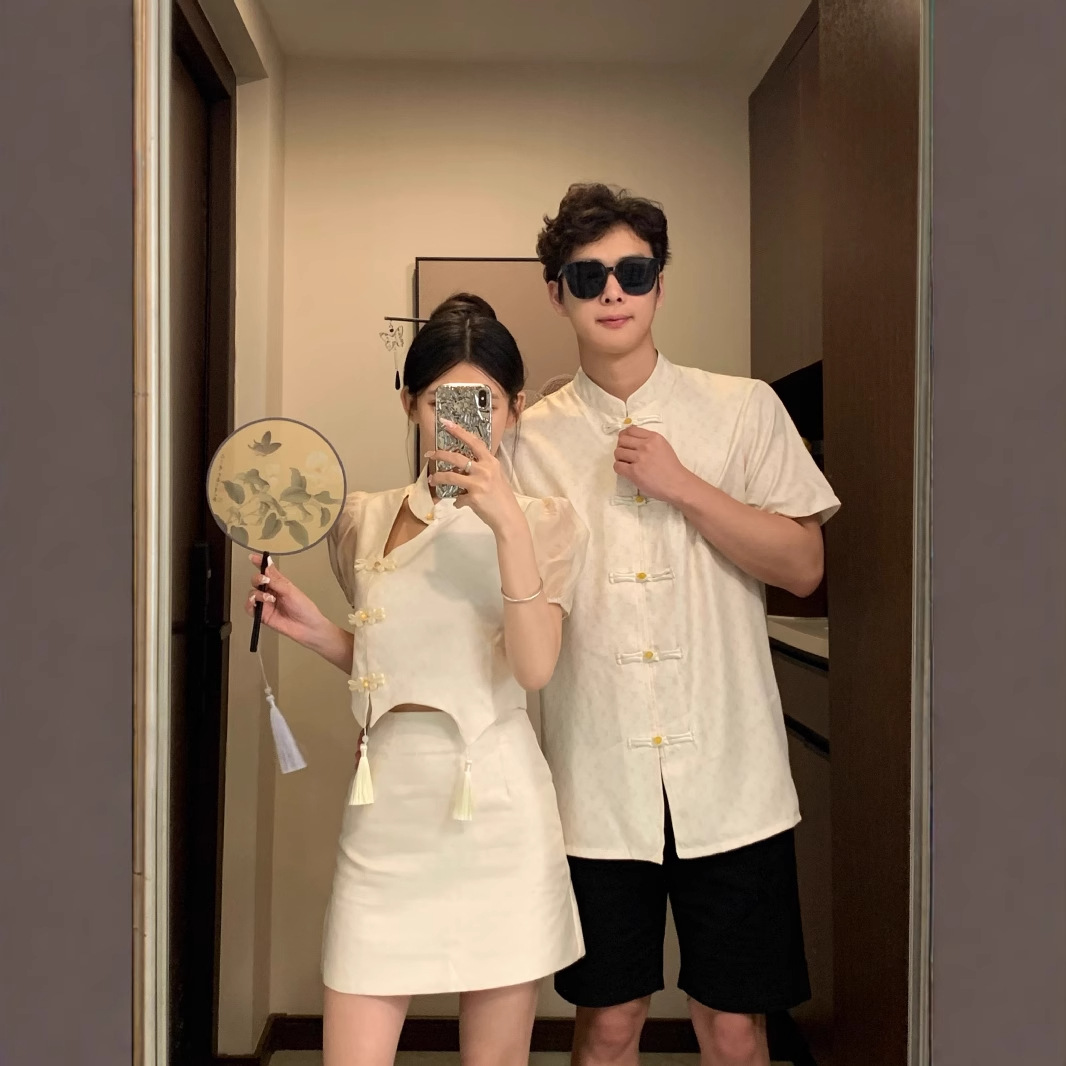 중국 스타일 커플 원피스 여름 새로운 스타일 중국 스타일 회전 짧은 소매 개선 된 버클 펜던트 디자인 칼라 캐주얼 셔츠