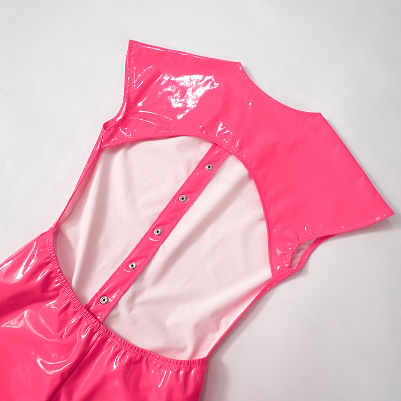 Women Backless Slim Fit Faux Leather Flying Sleeves Casual Romper