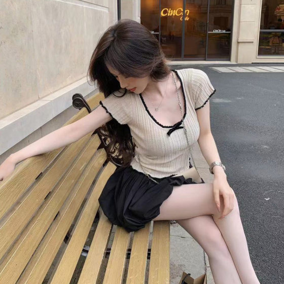 American Style Shoulder Contrast Lace Bow Ice Silk Knitted Short-sleeved T-shirt Women's Summer Tight Spice Girl Short Top