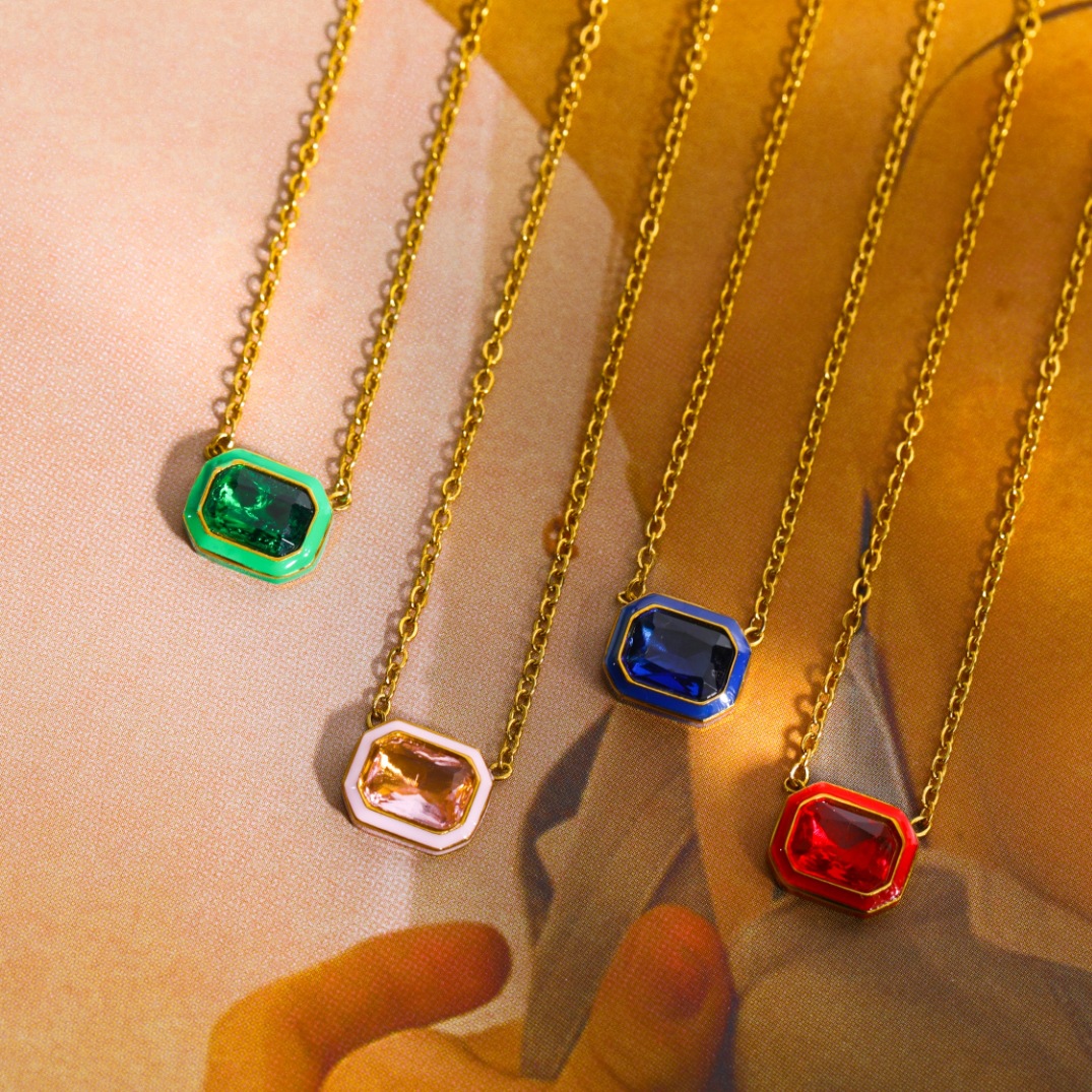 Fashion Square Stainless Steel Inlay Zircon Earrings Necklace