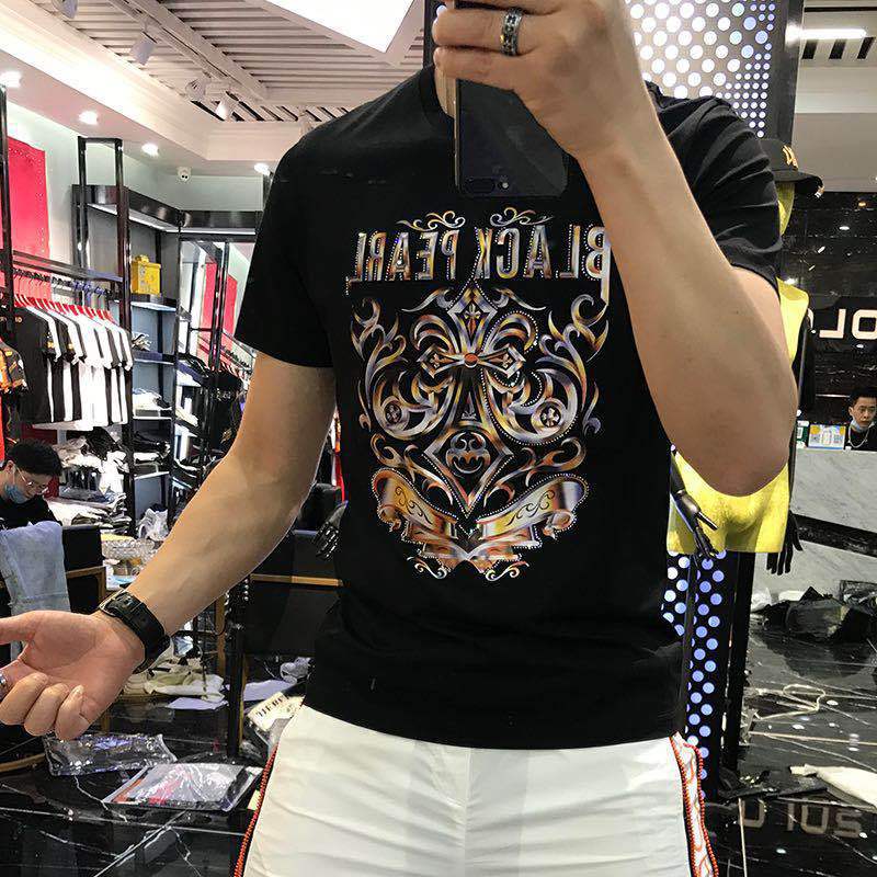 T-shirt court d'été en coton et soie, haut à manches mi-longues avec broderie de diamants tendance, fourre-tout pour hommes, grande taille ins_voghion.com