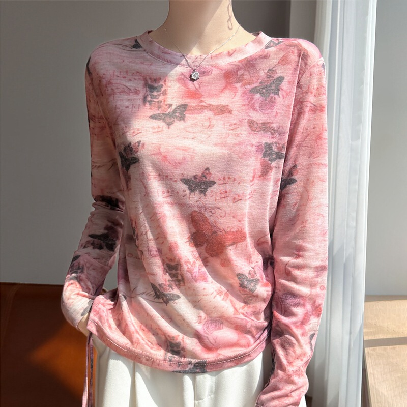 Ink-Style Printed Long-Sleeved T-Shirt for Women, Thin Round-Neck Base Layer, Fashionable Drawstring Waist Knitwear, Spring and Summer Sun Protection Shirt