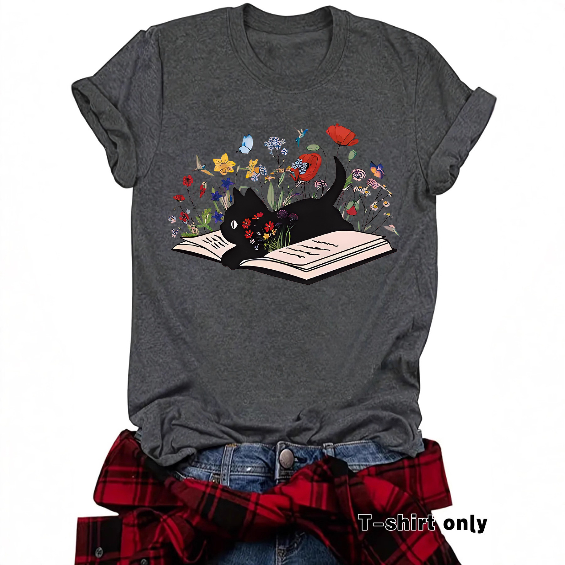 Cross-Border European and American Fashion Fashion Fun Books Cat Flower Elements Casual Round Neck Short-Sleeved Women's Summer High-End Clothing