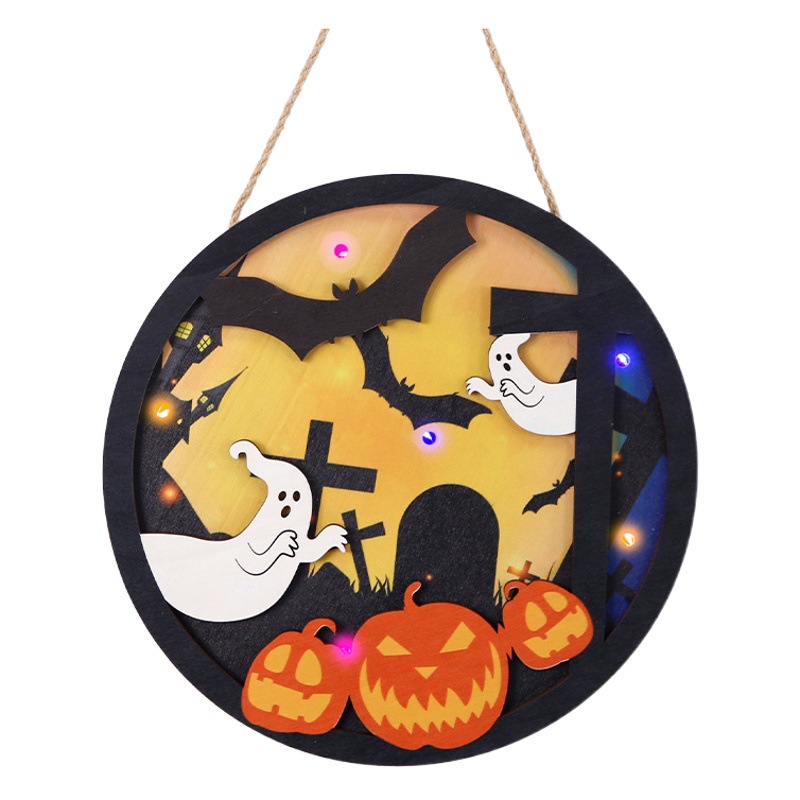 Nuevo Halloween de madera colgante luz-emisor fantasma Festival atmósfera diseño accesorios calabaza fantasma puerta redonda placa adornos