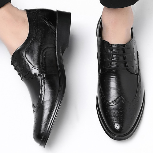 Spring New Plus Size Leather Shoes, British Office Block Pattern Engraved Business Formal Men's Shoes