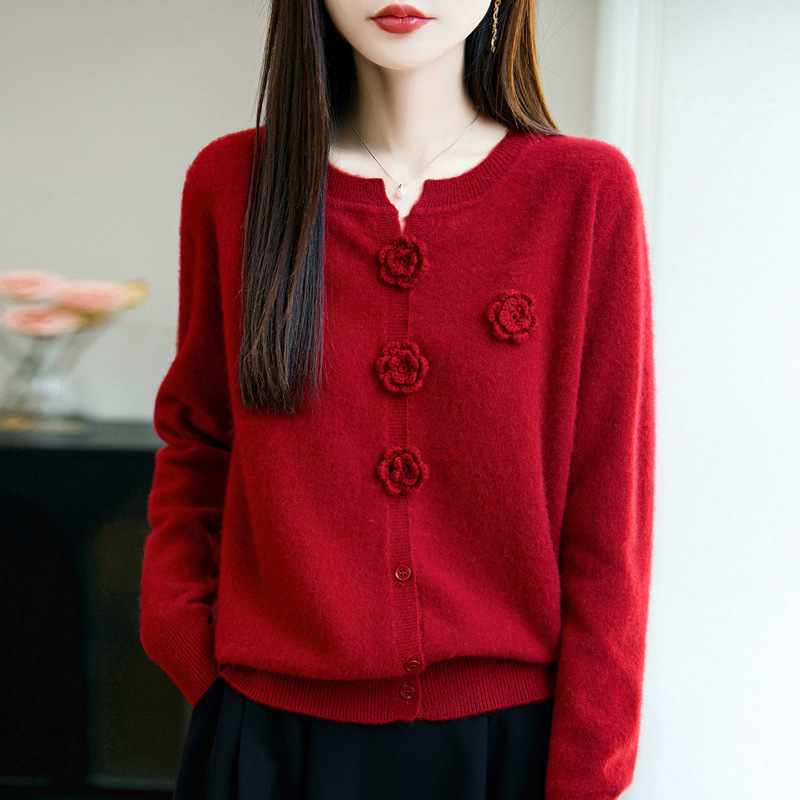 100纯羊毛立体钩花针织开衫外套女2025新款毛衣外穿秋冬女装上衣|undefined