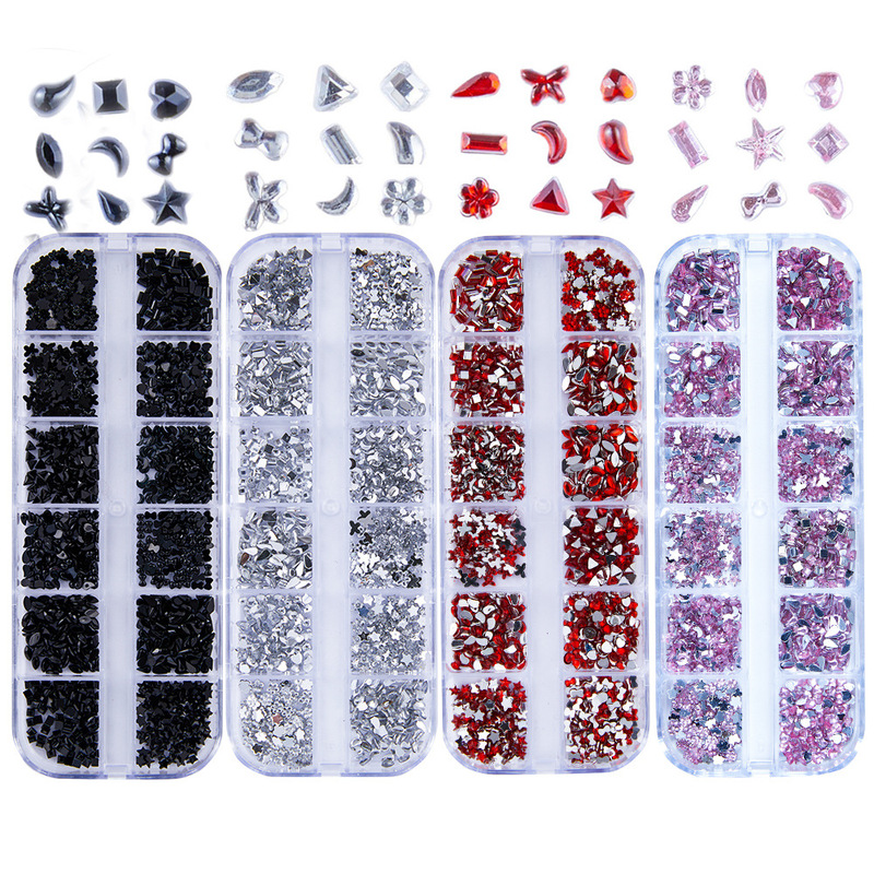 Cross-Border Nail Art Decorations 12-Compartment Mixed Acrylic Rhinestones in Various Shapes: Butterfly, Heart, Flower, Water Drop, Flat-Back Rhinestones Cross-Border Nail Art Decorations 12-Compartment Mixed Acrylic Rhinestones in Various Shapes: Butterfly, Heart, Flower, Water Drop, Flat-Back Rhinestones