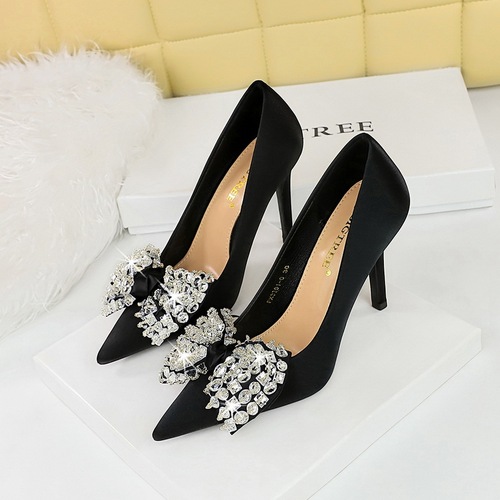3391-2H9 European and American style fashion banquet high heels stiletto heel satin shallow mouth pointed toe rhinestone bow single shoes for women