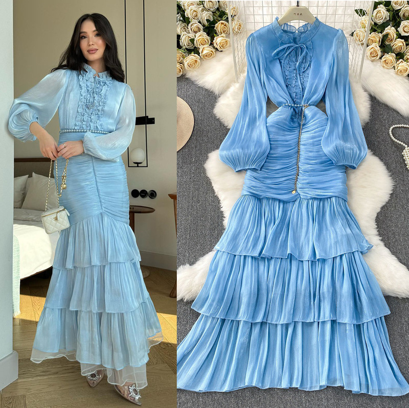 French Dress for Women 2025 New High-End Lace Stitching Waist Lantern Sleeve Ruffled Long Dress