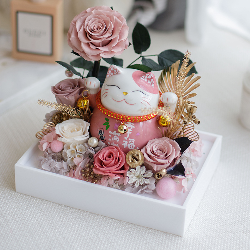 Caixa acrílica de flores para gatos inmortales, flores y rosas, regalo de Año Nuevo, decoraciones de oficina para el hogar