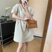气质时尚夏季韩版V领单排扣口袋连衣裙