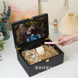 木制收纳盒首饰礼品包装盒带铰链盖装饰储物盒图片相册实木存储盒