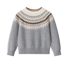 冬季7针提花纯山羊绒儿童中厚毛衣 中厚拼色圆领插肩袖正肩针织衫