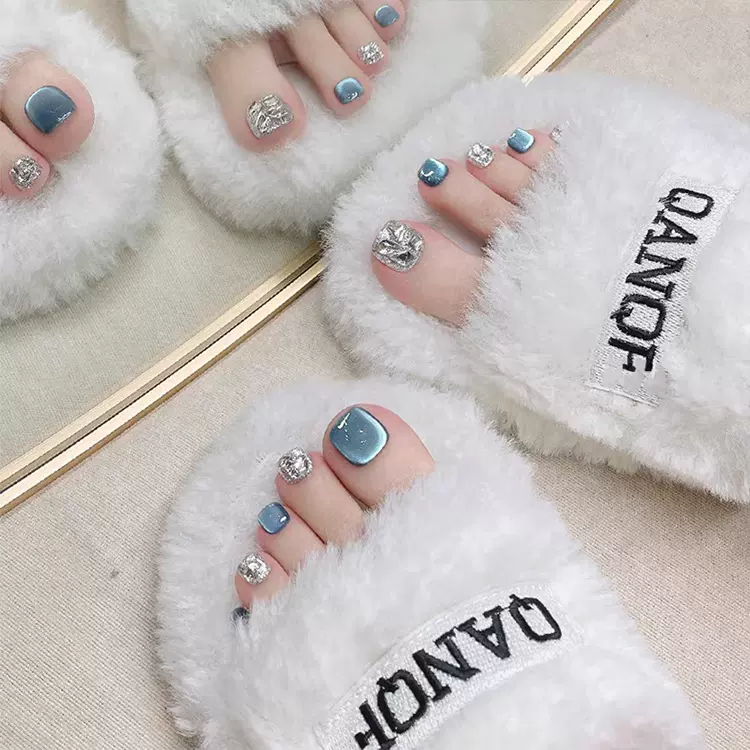 甜美蓝宝石猫眼美甲甲片 可拆卸脚趾甲指甲贴片 小红书镶钻穿戴甲