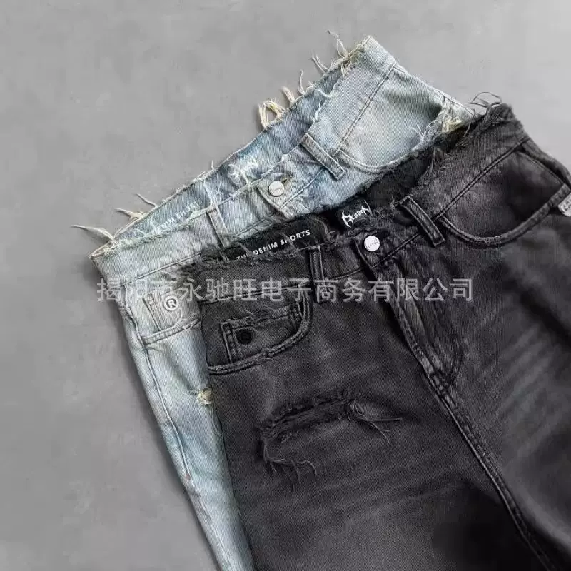 夏季2024新款美式复古破洞牛仔短裤男宽松中裤潮牌街头百搭五分裤