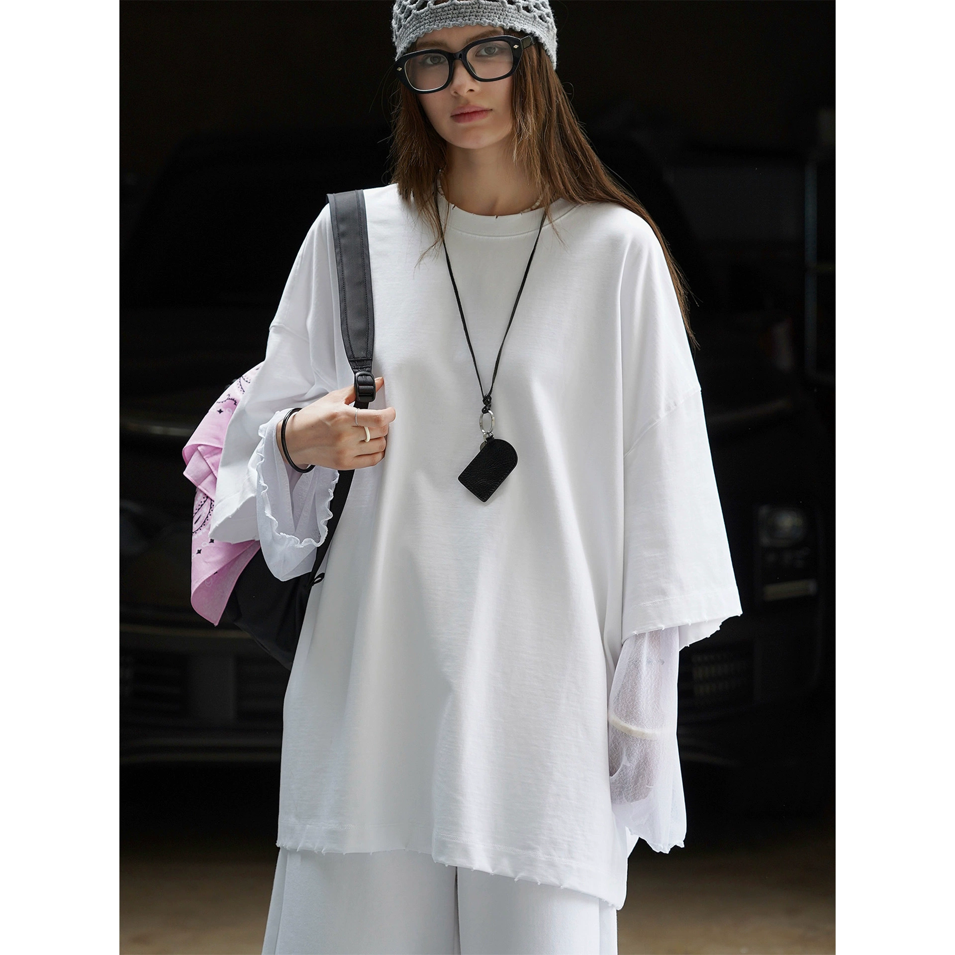 Ранняя осень, новый корейский стиль, непринужденный оверсайз с марлевыми рукавами, футболка 600 г, повседневный утягивающий топ для женщин