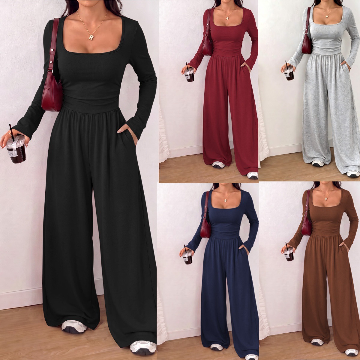 Amazon European and American cross-border long-sleeved women's fashion casual wide-leg pants with pockets, simple slim-fit solid color slimming jumpsuit