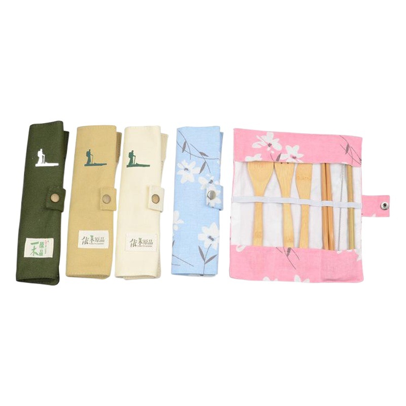 Al Aire Libre portátil estudiante viaje cuchillo de bambú, tenedor y cuchara traje palillos cuchara conjunto bolsa de lona traje de vajilla al por mayor