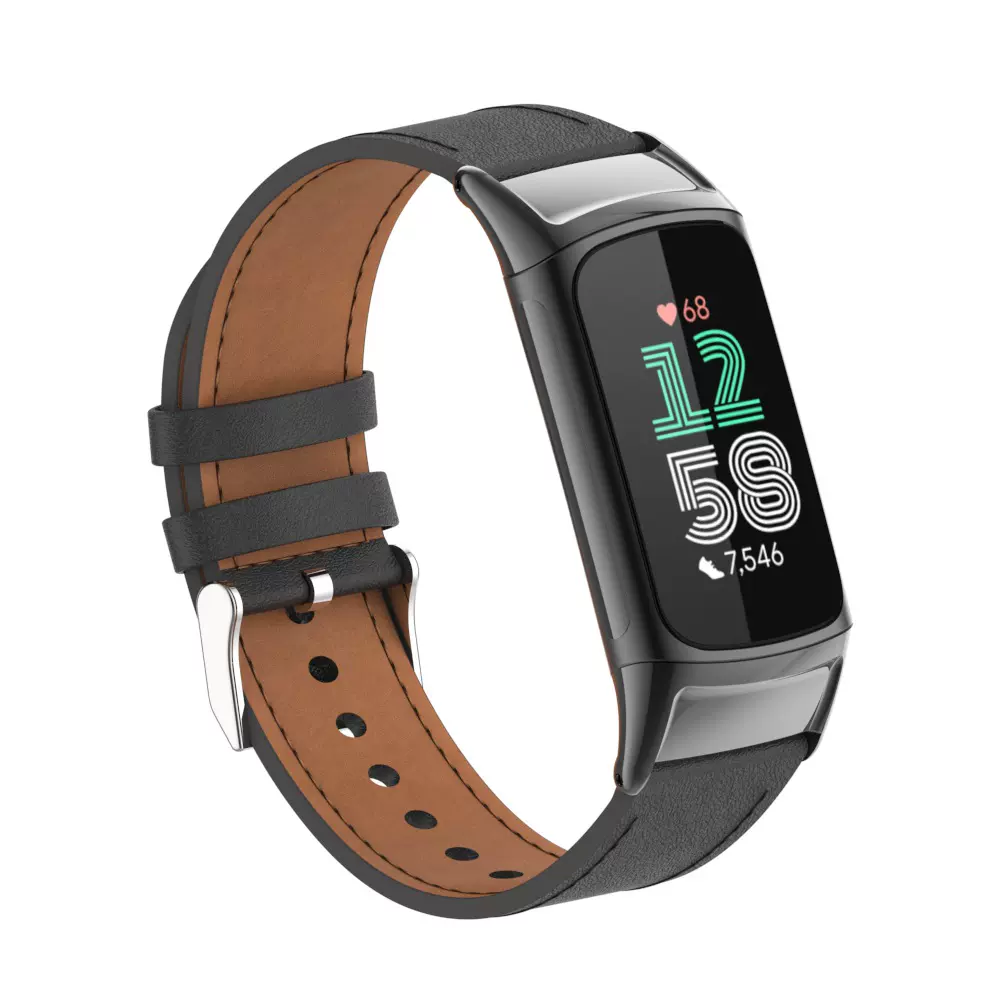 适用Fitbit charge6/5表带 金属头车线超纤皮革表带 charge6腕带