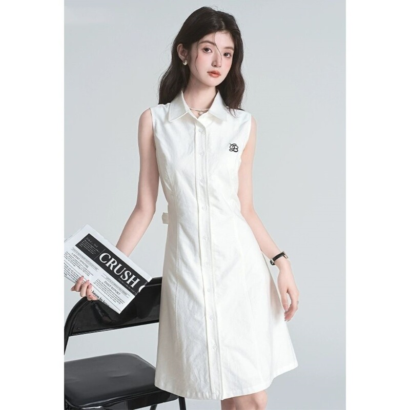 French-Style Elegant Color-Blocking Embroidered Sleeveless Shirt Dress for Women, Summer 2025 New Model, Waist-Cinching Slimming A-Line Short Dress