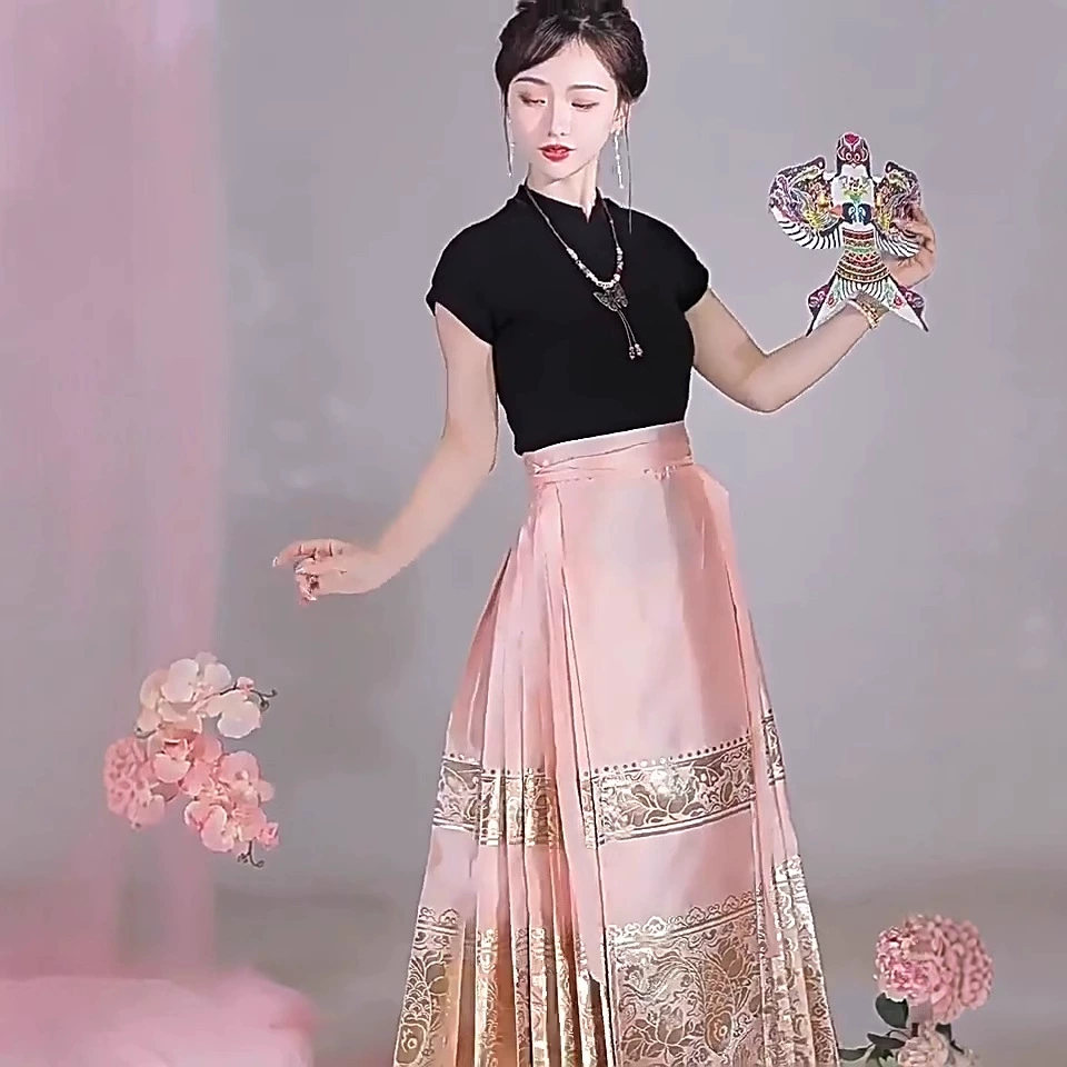 Новый китайский китайский костюм с короткими рукавами летняя длинная юбка с золотым конским лицом