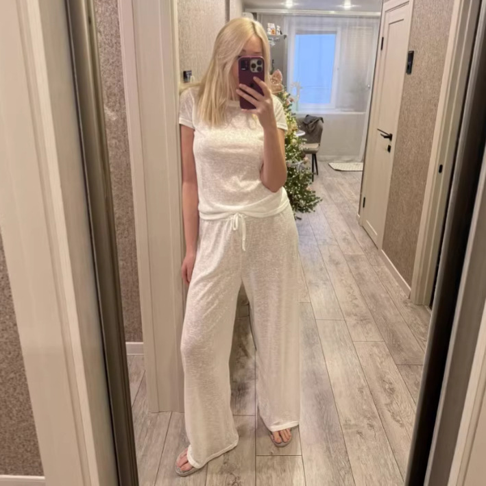 2026 Summer Cross-Border European and American Outdoor Loungewear Casual Comfortable Sheer Solid Color Short-Sleeve T-Shirt and Long Pants Set for Women 2026 Summer Cross-Border European and American Outdoor Loungewear Casual Comfortable Sheer Solid Color Short-Sleeve T-Shirt and Long Pants Set for Women
