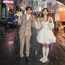 晚礼服白色气质短款订婚领证蓬蓬裙抹胸简约新娘旅拍超仙轻婚纱女