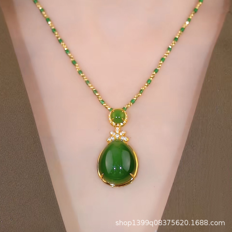 Spinach green old material imitation agate jasper egg-shaped pendant genuine goods sterling silver inlaid natural jade pendant necklace for women