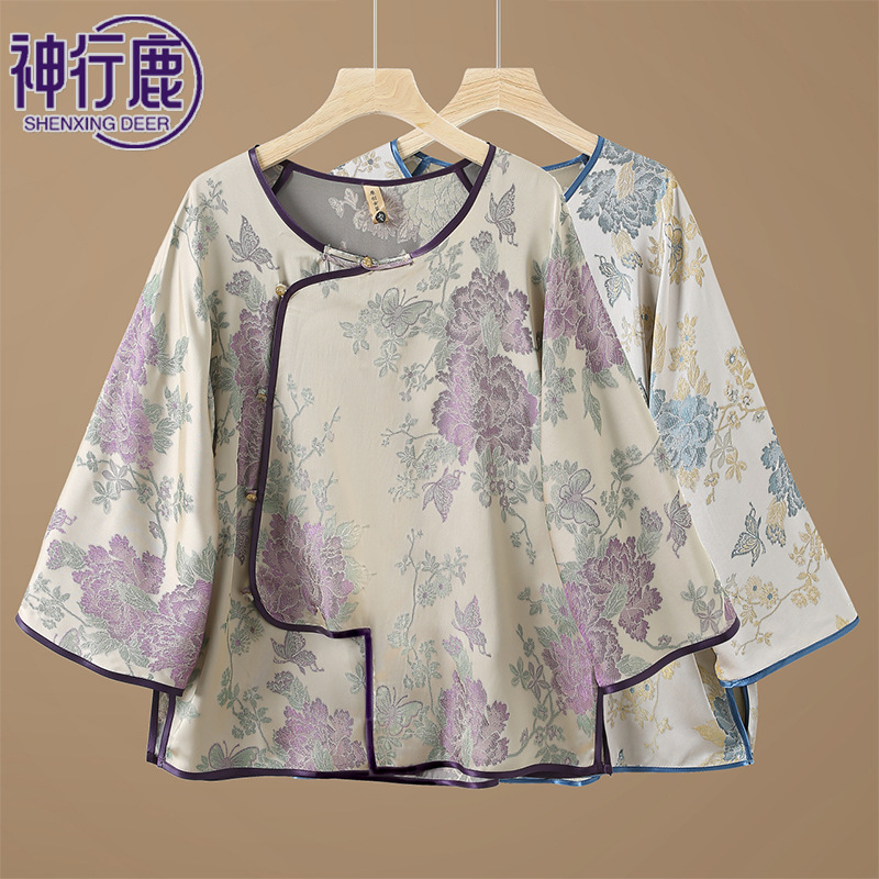 新中式中老年女装气质复古七分袖衬衣宽松国风秋季妈妈圆领上衣女