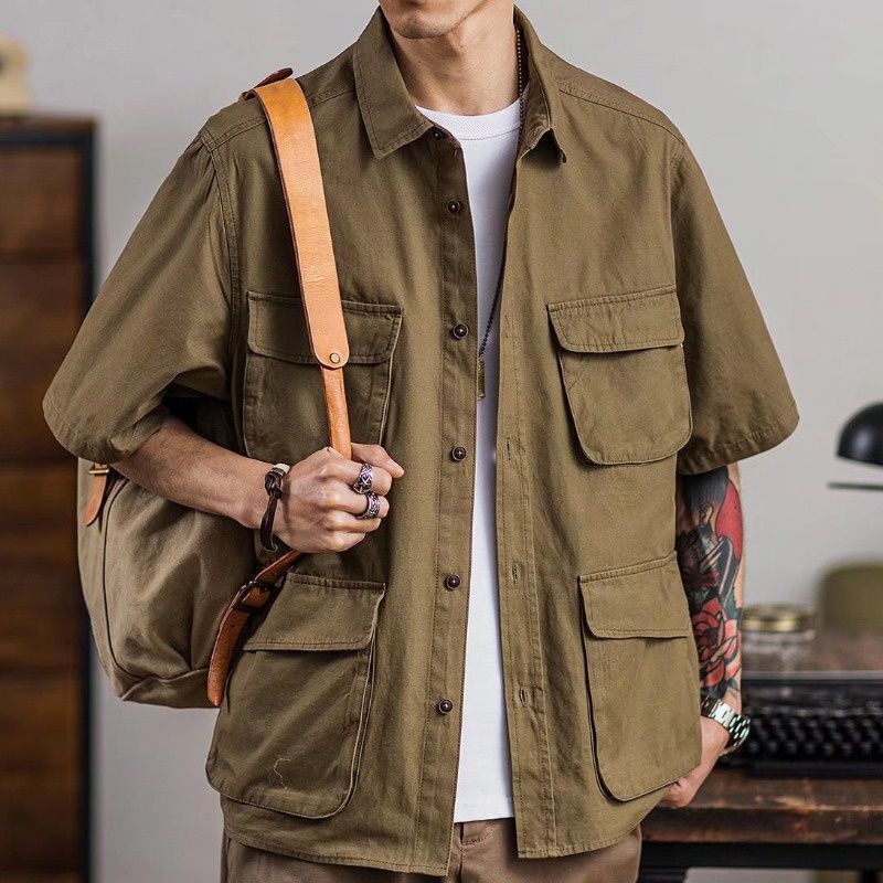 American-Style Workwear Military-Style Four-Pocket Short-Sleeve Shirt Ins Summer Multi-Pocket Khaki Quarter-Sleeve Top for Men