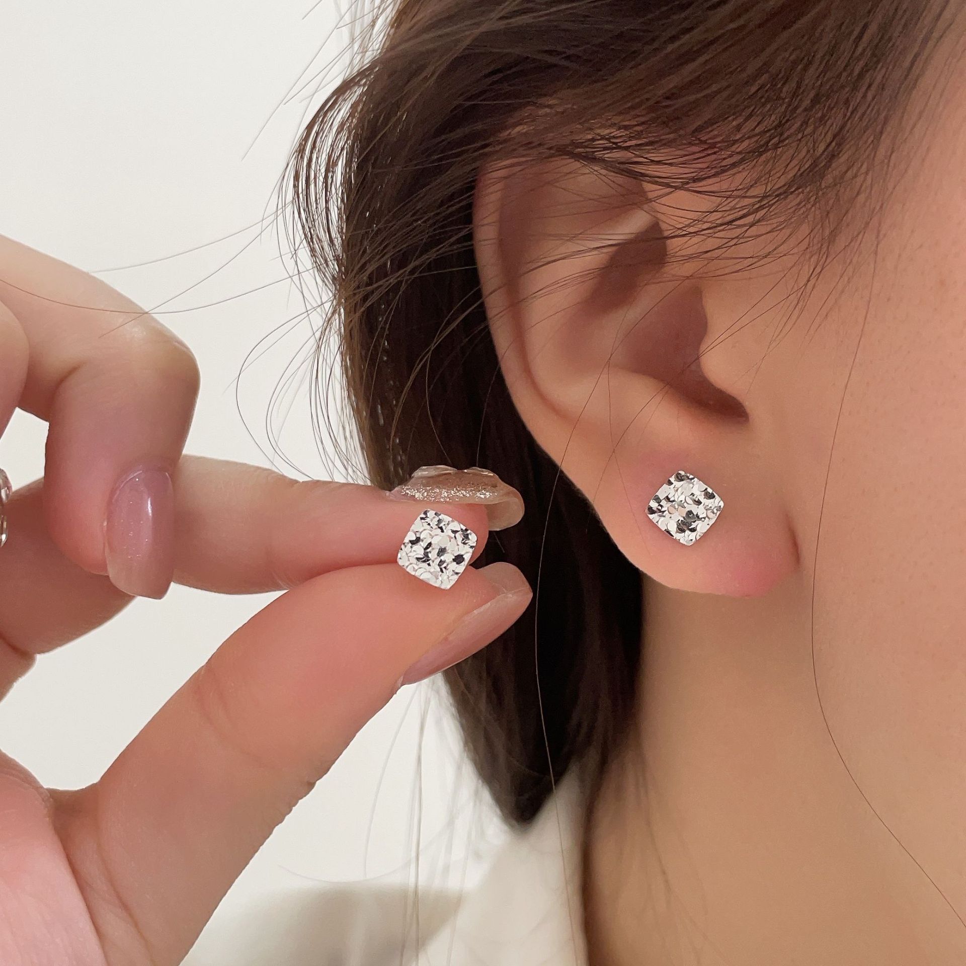 韓國925純銀亮片小方塊碎碎冰耳釘女高級感小眾耳飾簡約個性耳環