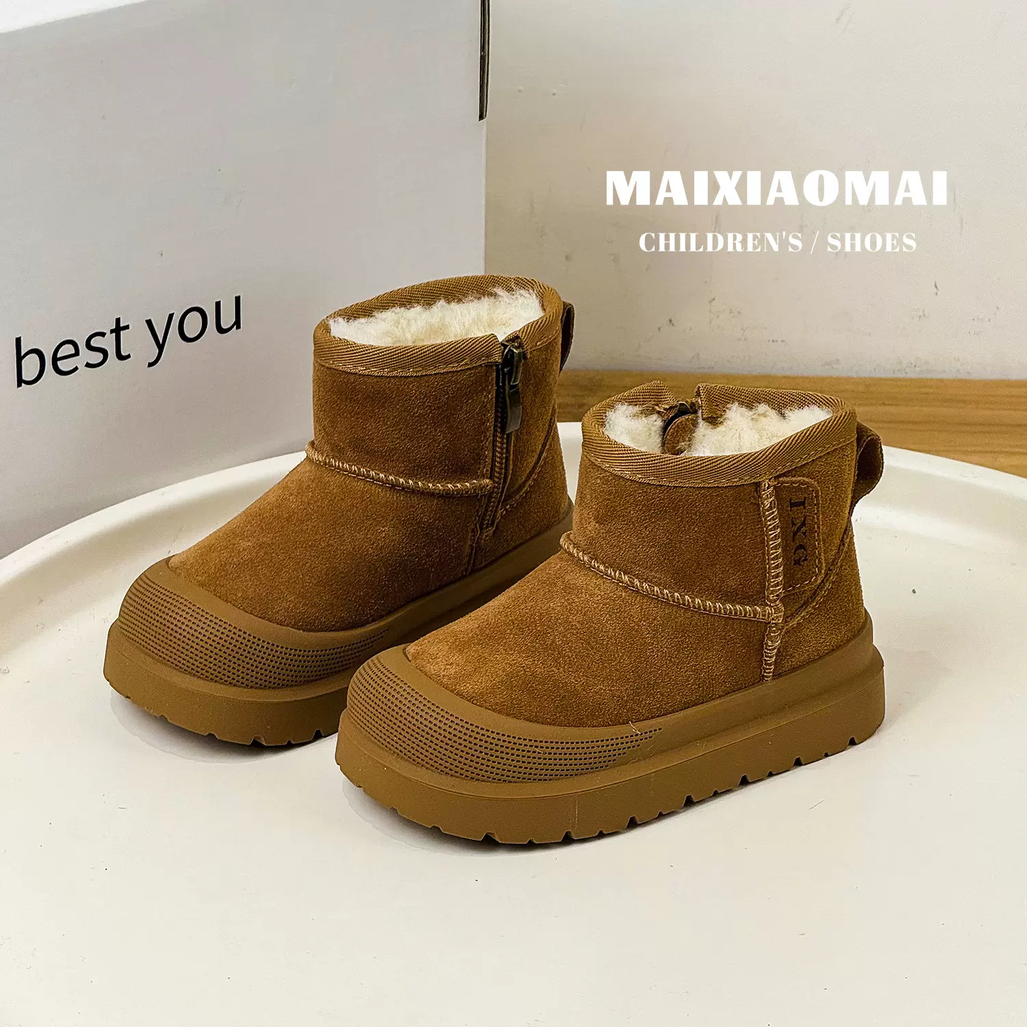 迈小迈2025冬季新款儿童大棉靴时尚百搭加绒加厚男女童真皮雪地靴