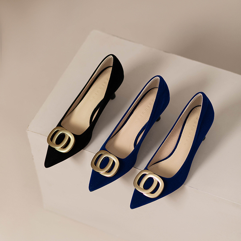 Metal Copper Buckle Single Shoes for Women 2026 Early Spring New Style High-Heeled Shoes for Women Shallow Mouth Stiletto Versatile Fairy Style Mid-Heel Women's Shoes Metal Copper Buckle Single Shoes for Women 2026 Early Spring New Style High-Heeled Shoes for Women Shallow Mouth Stiletto Versatile Fairy Style Mid-Heel Women's Shoes