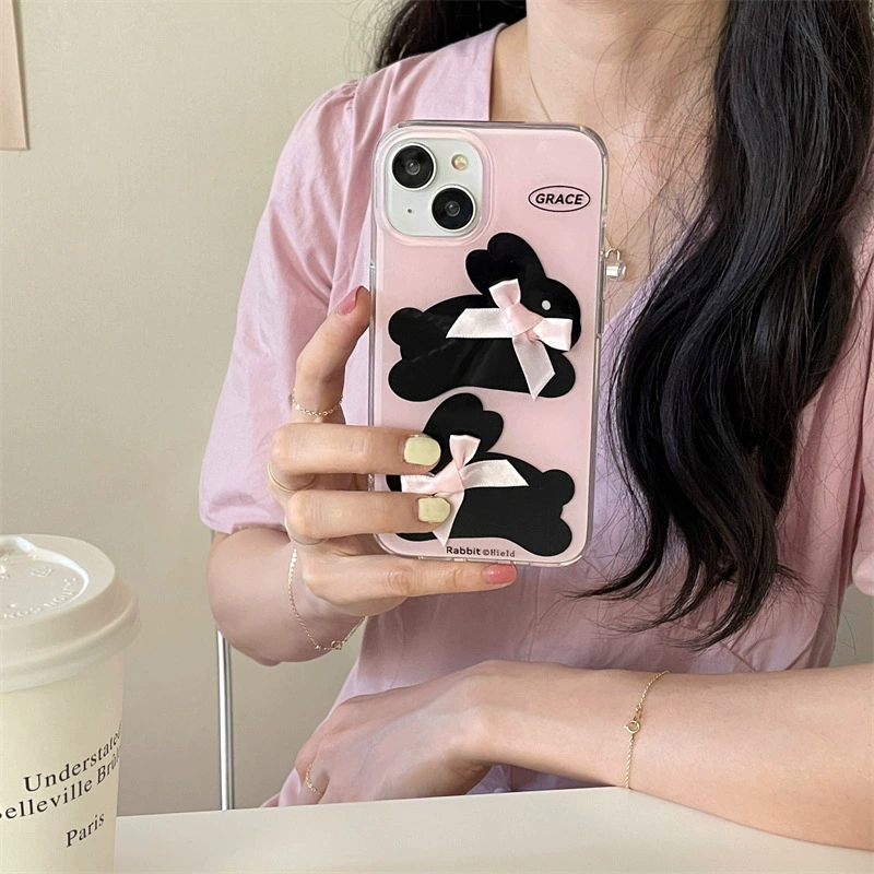 Чехол для телефона (Apple) iPhone 11–16 серии совместимый — 3D-заяц с бантом, прозрачный TPU
