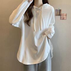 大码女装胖mm设计感连帽长袖t恤春秋韩版宽松显瘦打底衫上衣200斤