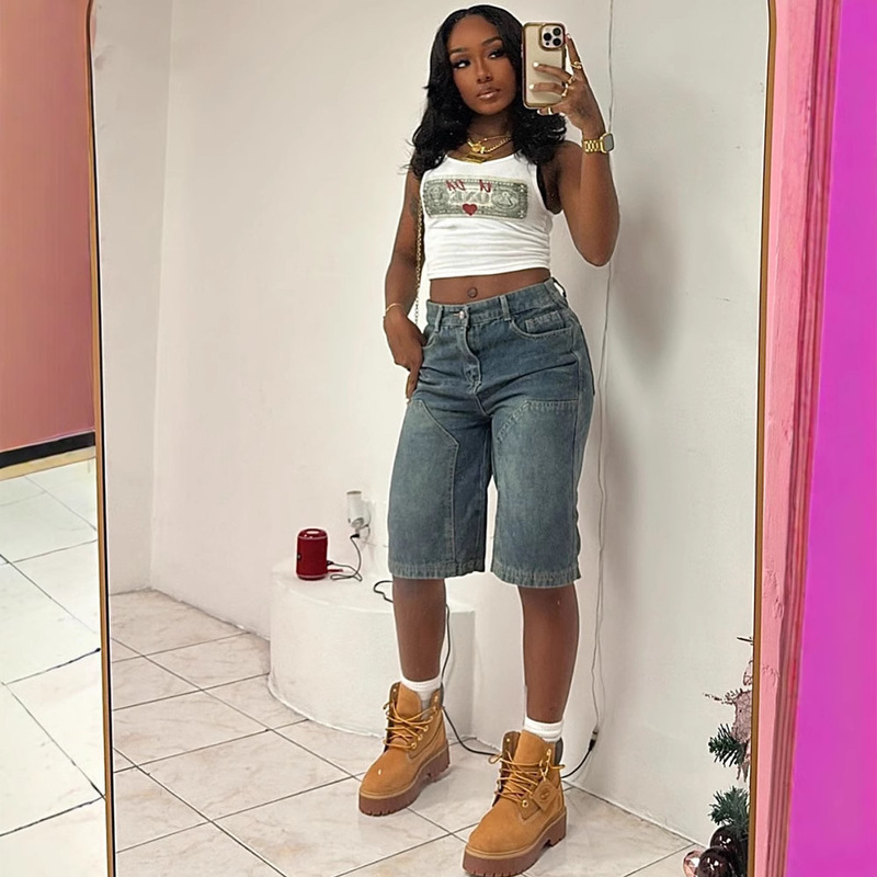 European and American Cross-border Women's Clothing Amazon Women's Casual Jeans Summer Retro Loose Washed Straight Denim Shorts