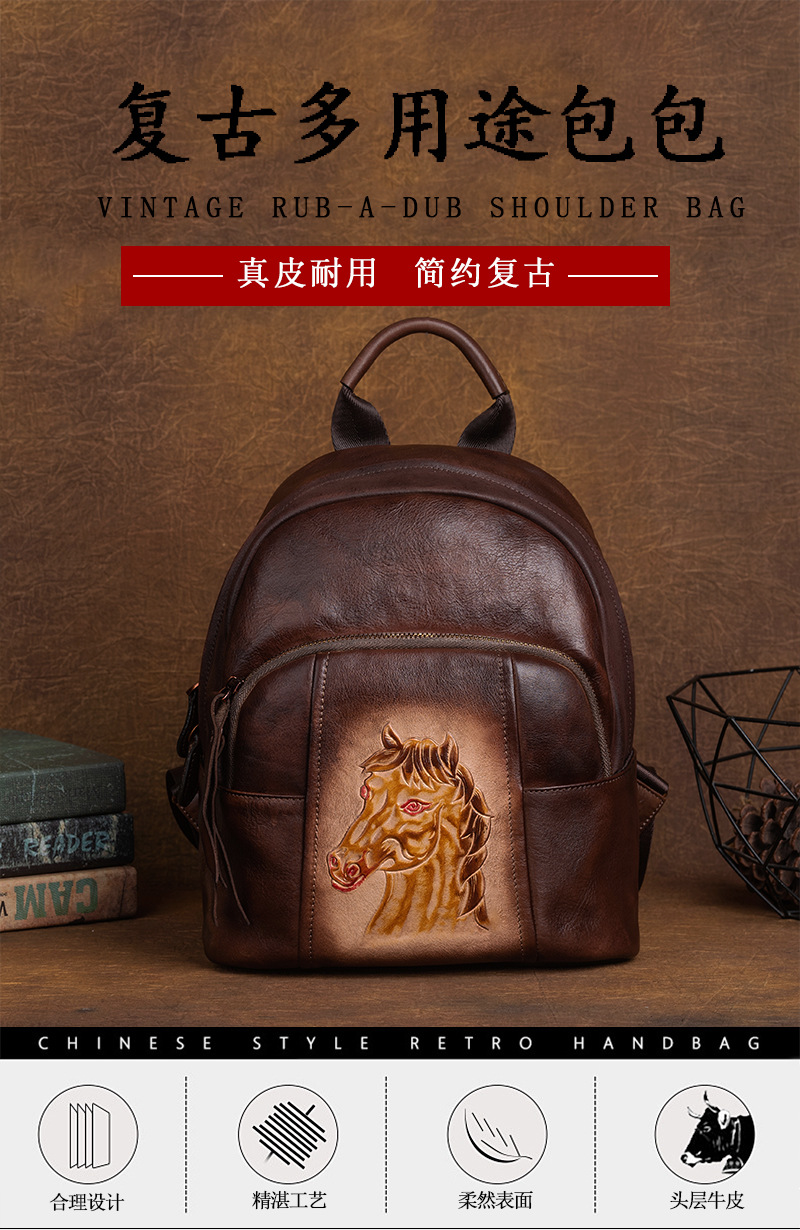 Ba lô da bò thực vật phong cách cổ điển đánh bóng — Vàng cổ điển, Đỏ cổ điển, Nâu cổ điển, Xám cổ điển chi tiết 1