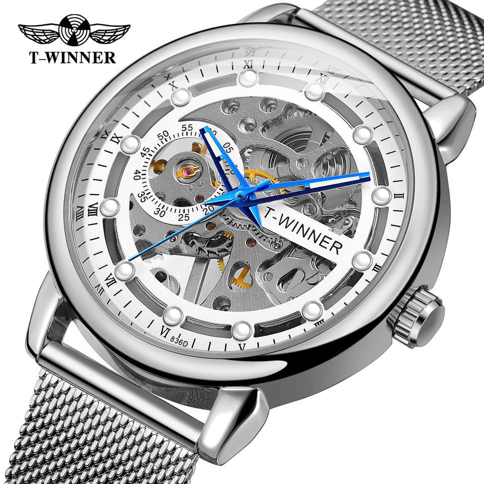 T-winner reloj de hombre europeo y americano reloj mecánico manual hueco de moda transparente reloj de correa de malla de milán 8258