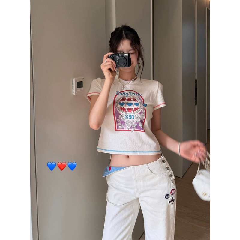 DailyDashLuky91 Vintage Color-Block Print T-Shirt Top + Versatile Wear Jeans DailyDashLuky91 Vintage Color-Block Print T-Shirt Top + Versatile Wear Jeans