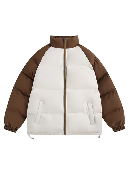 Stand-up collar cotton jacket, winter couple's thickened warm padded coat, men's casual cotton jacket, loose-fit color-block cotton coat, trendy style
