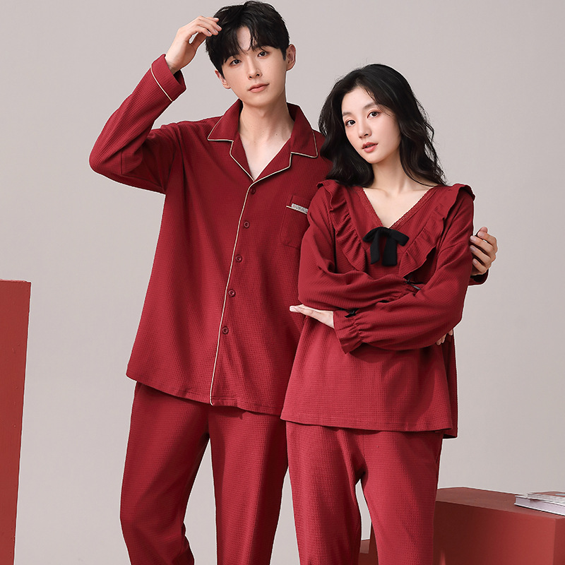 새로운 봄과 가을 커플 잠옷 긴 소매 여성의 순면 붉은 축제 남자 홈 세트
