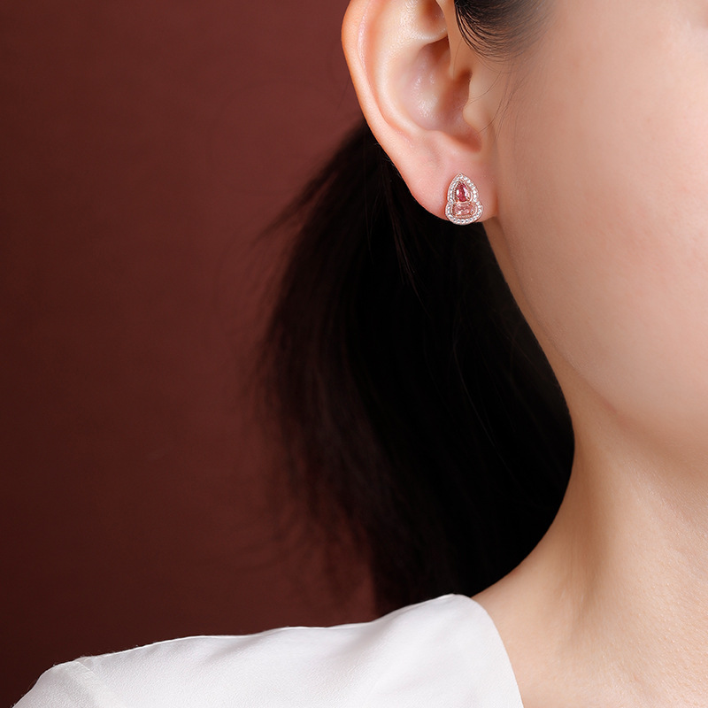 Bông tai bạc S925 mạ vàng hồng đính đá tourmaline hình quả hồ lô lấp lánh — Một cặp (màu tourmaline ngẫu nhiên)