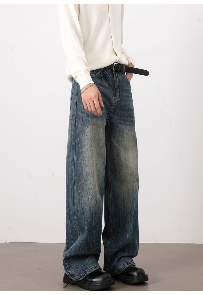 Quần jean nam ống rộng dáng suông màu xanh wash, râu mèo, phong cách đơn giản dễ phối đồ — Màu xanh dương chi tiết 14