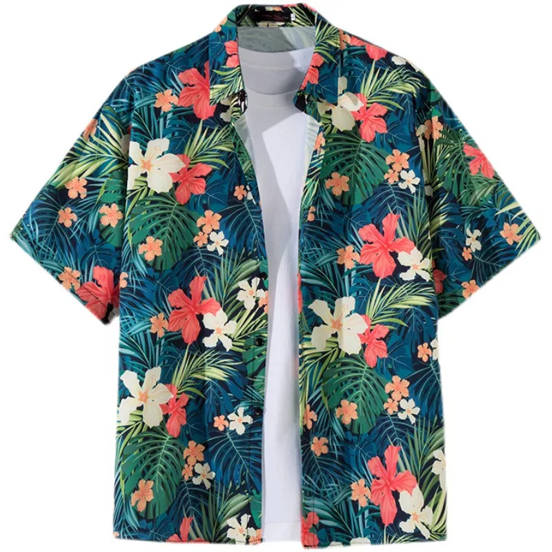 New Retro Hong Kong Style Floral Beach Printed Shirt Women's Fashion Flower Design Short Sleeve Top for Outer Wear