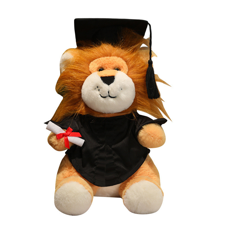 Uniforme de dibujos animados de león pequeño muñeca de peluche doctor muñeca logotipo impresa logotipo regalo de temporada de graduación de licenciatura